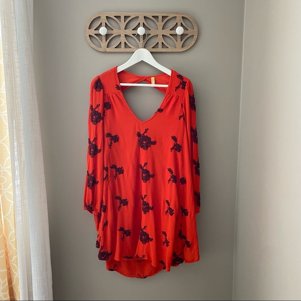 Free People Emma Floral Embroidered Dress Red Sz Small